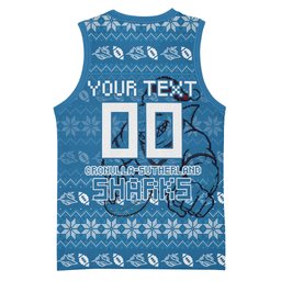 Personalized Cronulla Sharks Christmas Basketball Jersey Australian Rugby Fans - Pixelated Ugly Xmas Pattern Mascot Santa