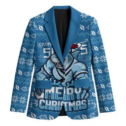 Personalized Cronulla Sharks Christmas Blazer Australian Rugby Fans - Pixelated Ugly Xmas Pattern Mascot Santa