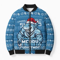 Personalized Cronulla Sharks Christmas Bomber Puffer Jacket Australian Rugby Fans - Pixelated Ugly Xmas Pattern Mascot Santa