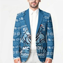 Personalized Cronulla Sharks Christmas Blazer Australian Rugby Fans - Pixelated Ugly Xmas Pattern Mascot Santa