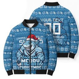 Personalized Cronulla Sharks Christmas Bomber Puffer Jacket Australian Rugby Fans - Pixelated Ugly Xmas Pattern Mascot Santa