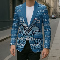 Personalized Cronulla Sharks Christmas Blazer Australian Rugby Fans - Pixelated Ugly Xmas Pattern Mascot Santa