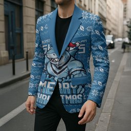 Personalized Cronulla Sharks Christmas Blazer Australian Rugby Fans - Pixelated Ugly Xmas Pattern Mascot Santa