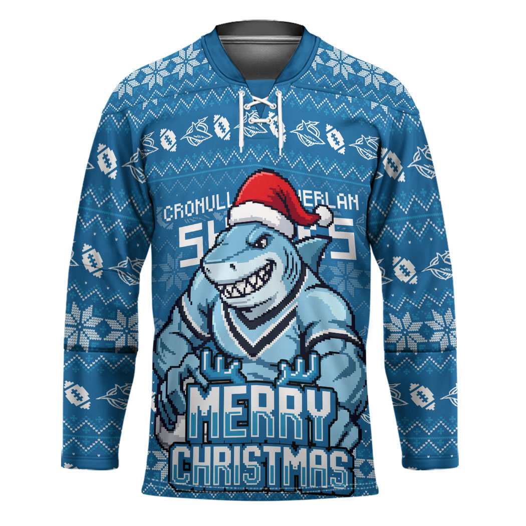 Personalized Cronulla Sharks Christmas Hockey Jersey Australian Rugby Fans - Pixelated Ugly Xmas Pattern Mascot Santa