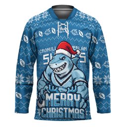 Personalized Cronulla Sharks Christmas Hockey Jersey Australian Rugby Fans - Pixelated Ugly Xmas Pattern Mascot Santa