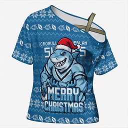 Personalized Cronulla Sharks Christmas Cross Shoulder Shirt Australian Rugby Fans - Pixelated Ugly Xmas Pattern Mascot Santa