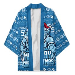 Personalized Cronulla Sharks Christmas Kimono Australian Rugby Fans - Pixelated Ugly Xmas Pattern Mascot Santa