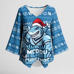 Personalized Cronulla Sharks Christmas Kimono Sleeve Blouse Australian Rugby Fans - Pixelated Ugly Xmas Pattern Mascot Santa