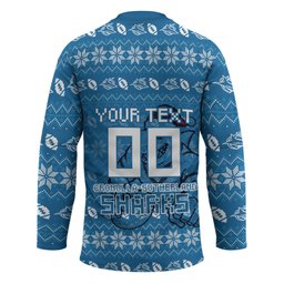 Personalized Cronulla Sharks Christmas Hockey Jersey Australian Rugby Fans - Pixelated Ugly Xmas Pattern Mascot Santa