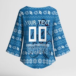 Personalized Cronulla Sharks Christmas Kimono Sleeve Blouse Australian Rugby Fans - Pixelated Ugly Xmas Pattern Mascot Santa