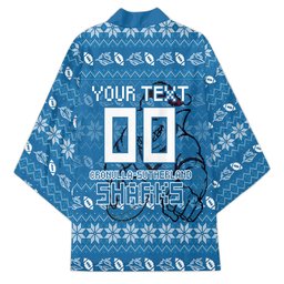Personalized Cronulla Sharks Christmas Kimono Australian Rugby Fans - Pixelated Ugly Xmas Pattern Mascot Santa