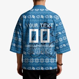 Personalized Cronulla Sharks Christmas Kimono Australian Rugby Fans - Pixelated Ugly Xmas Pattern Mascot Santa