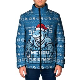 Personalized Cronulla Sharks Christmas Padded Jacket Australian Rugby Fans - Pixelated Ugly Xmas Pattern Mascot Santa
