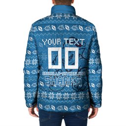 Personalized Cronulla Sharks Christmas Padded Jacket Australian Rugby Fans - Pixelated Ugly Xmas Pattern Mascot Santa