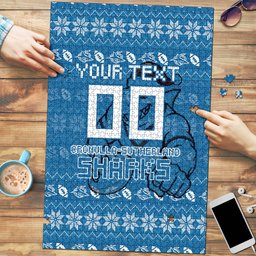 Personalized Cronulla Sharks Christmas Puzzle Australian Rugby Fans - Pixelated Ugly Xmas Pattern Mascot Santa