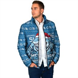 Personalized Cronulla Sharks Christmas Padded Jacket Australian Rugby Fans - Pixelated Ugly Xmas Pattern Mascot Santa