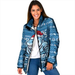 Personalized Cronulla Sharks Christmas Padded Jacket Australian Rugby Fans - Pixelated Ugly Xmas Pattern Mascot Santa