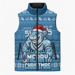 Personalized Cronulla Sharks Christmas Sleeveless Puffer Jacket Australian Rugby Fans - Pixelated Ugly Xmas Pattern Mascot Santa