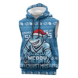 Personalized Cronulla Sharks Christmas Sleeveless Hoodie Australian Rugby Fans - Pixelated Ugly Xmas Pattern Mascot Santa