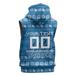 Personalized Cronulla Sharks Christmas Sleeveless Hoodie Australian Rugby Fans - Pixelated Ugly Xmas Pattern Mascot Santa