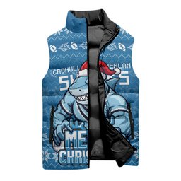 Personalized Cronulla Sharks Christmas Sleeveless Puffer Jacket Australian Rugby Fans - Pixelated Ugly Xmas Pattern Mascot Santa
