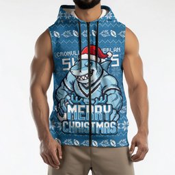 Personalized Cronulla Sharks Christmas Sleeveless Zip Hoodie Australian Rugby Fans - Pixelated Ugly Xmas Pattern Mascot Santa