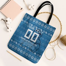 Personalized Cronulla Sharks Christmas Tote Bag Australian Rugby Fans - Pixelated Ugly Xmas Pattern Mascot Santa