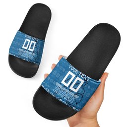 Personalized Cronulla Sharks Christmas Slide Sandals Australian Rugby Fans - Pixelated Ugly Xmas Pattern Mascot Santa