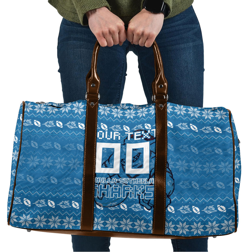 Personalized Cronulla Sharks Christmas Travel Bag Australian Rugby Fans - Pixelated Ugly Xmas Pattern Mascot Santa