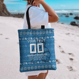 Personalized Cronulla Sharks Christmas Tote Bag Australian Rugby Fans - Pixelated Ugly Xmas Pattern Mascot Santa