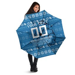 Personalized Cronulla Sharks Christmas Umbrella Australian Rugby Fans - Pixelated Ugly Xmas Pattern Mascot Santa