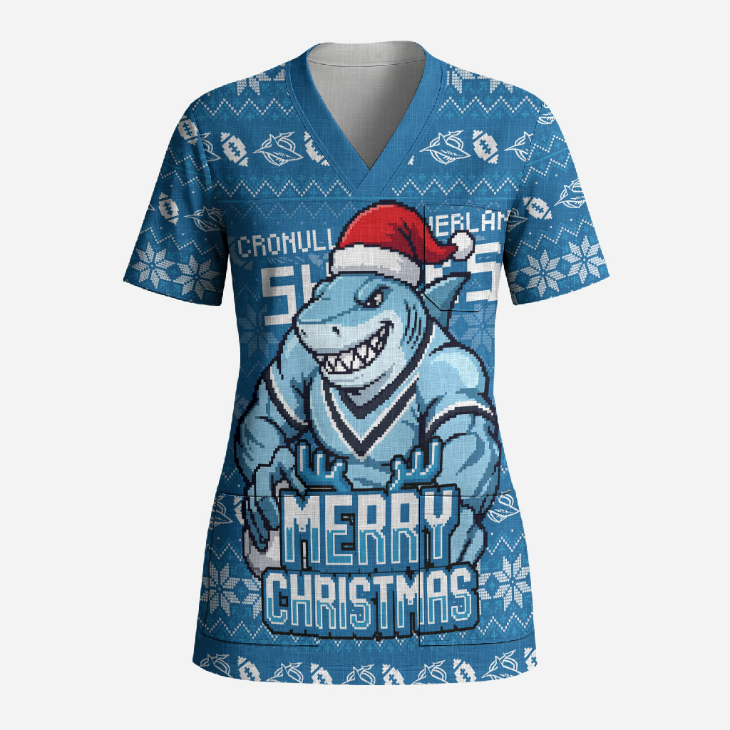 Personalized Cronulla Sharks Christmas Scrub Top Australian Rugby Fans - Pixelated Ugly Xmas Pattern Mascot Santa