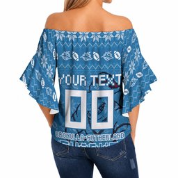 Personalized Cronulla Sharks Christmas Off Shoulder Wrap Waist Top Australian Rugby Fans - Pixelated Ugly Xmas Pattern Mascot Santa