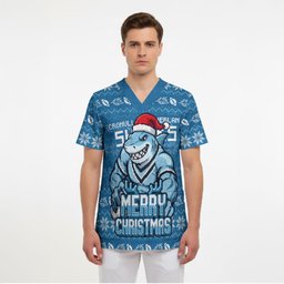 Personalized Cronulla Sharks Christmas Scrub Top Australian Rugby Fans - Pixelated Ugly Xmas Pattern Mascot Santa