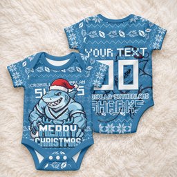Personalized Cronulla Sharks Christmas Baby Onesie Australian Rugby Fans - Pixelated Ugly Xmas Pattern Mascot Santa