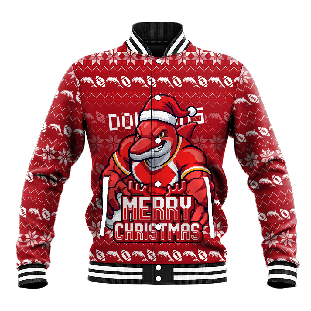 Personalized Dolphins Christmas Baseball Jacket Australian Rugby Fans - Pixelated Ugly Xmas Pattern Mascot Santa