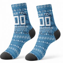 Personalized Cronulla Sharks Christmas Crew Socks Australian Rugby Fans - Pixelated Ugly Xmas Pattern Mascot Santa
