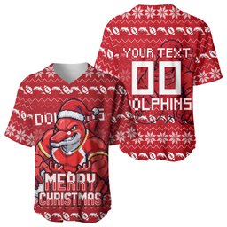 Personalized Dolphins Christmas Baseball Jersey Australian Rugby Fans - Pixelated Ugly Xmas Pattern Mascot Santa