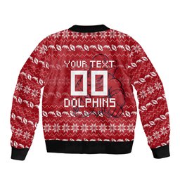 Personalized Dolphins Christmas Bomber Jacket Australian Rugby Fans - Pixelated Ugly Xmas Pattern Mascot Santa