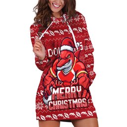 Personalized Dolphins Christmas Hoodie Dress Australian Rugby Fans - Pixelated Ugly Xmas Pattern Mascot Santa
