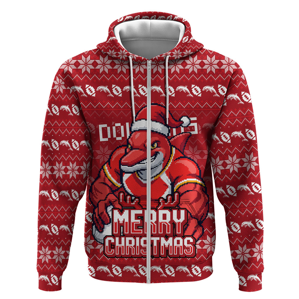 Personalized Dolphins Christmas Zip Hoodie Australian Rugby Fans - Pixelated Ugly Xmas Pattern Mascot Santa