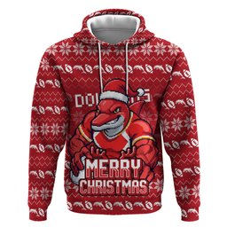 Personalized Dolphins Christmas Hoodie Australian Rugby Fans - Pixelated Ugly Xmas Pattern Mascot Santa