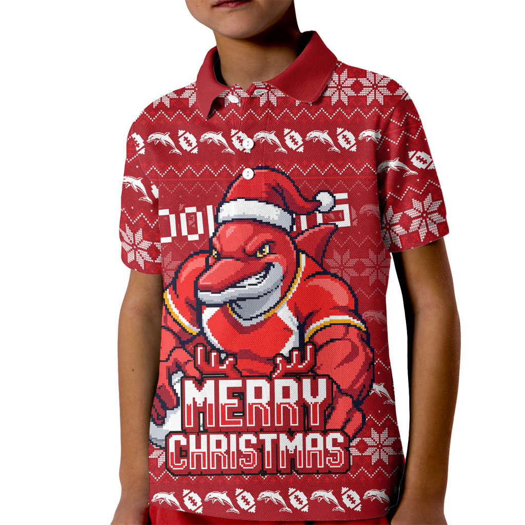 Personalized Dolphins Christmas Kid Polo Shirt Australian Rugby Fans - Pixelated Ugly Xmas Pattern Mascot Santa