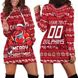 Personalized Dolphins Christmas Hoodie Dress Australian Rugby Fans - Pixelated Ugly Xmas Pattern Mascot Santa
