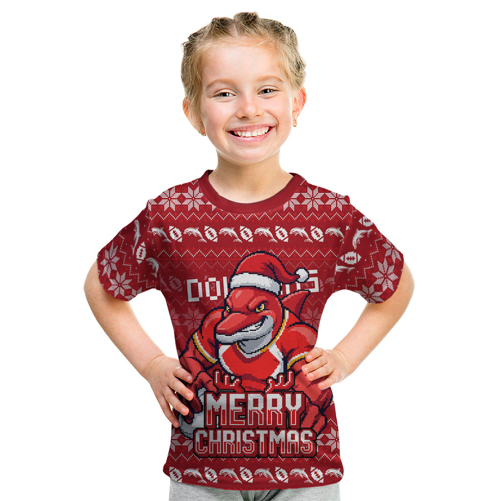 Personalized Dolphins Christmas Kid T Shirt Australian Rugby Fans - Pixelated Ugly Xmas Pattern Mascot Santa