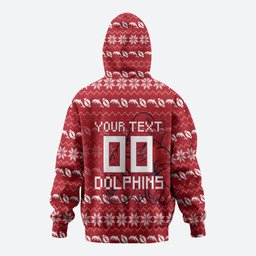 Personalized Dolphins Christmas Zip Hoodie Australian Rugby Fans - Pixelated Ugly Xmas Pattern Mascot Santa