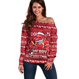 Personalized Dolphins Christmas Off Shoulder Sweater Australian Rugby Fans - Pixelated Ugly Xmas Pattern Mascot Santa