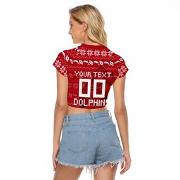 Personalized Dolphins Christmas Raglan Cropped T Shirt Australian Rugby Fans - Pixelated Ugly Xmas Pattern Mascot Santa