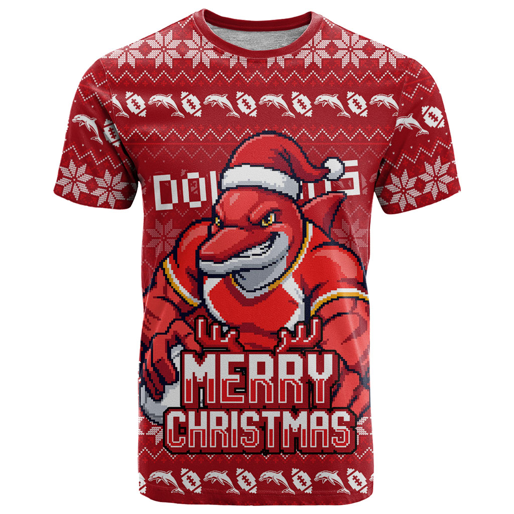 Personalized Dolphins Christmas T Shirt Australian Rugby Fans - Pixelated Ugly Xmas Pattern Mascot Santa