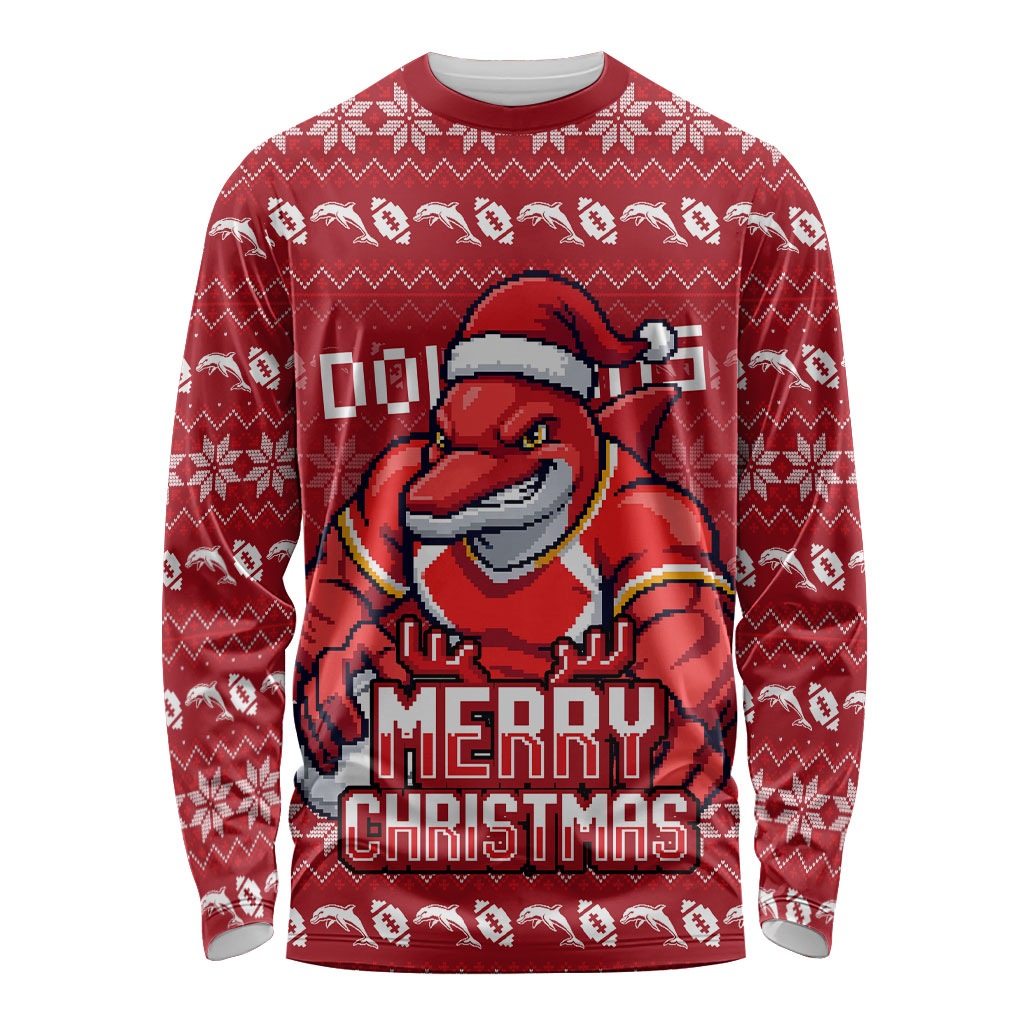 Personalized Dolphins Christmas Long Sleeve Shirt Australian Rugby Fans - Pixelated Ugly Xmas Pattern Mascot Santa